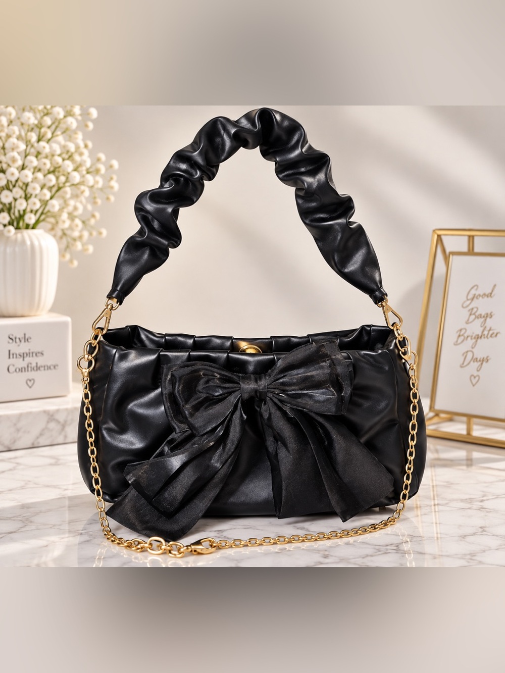 Black Bow-Accent Shoulder Bag for Women
